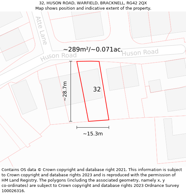 32, HUSON ROAD, WARFIELD, BRACKNELL, RG42 2QX: Plot and title map