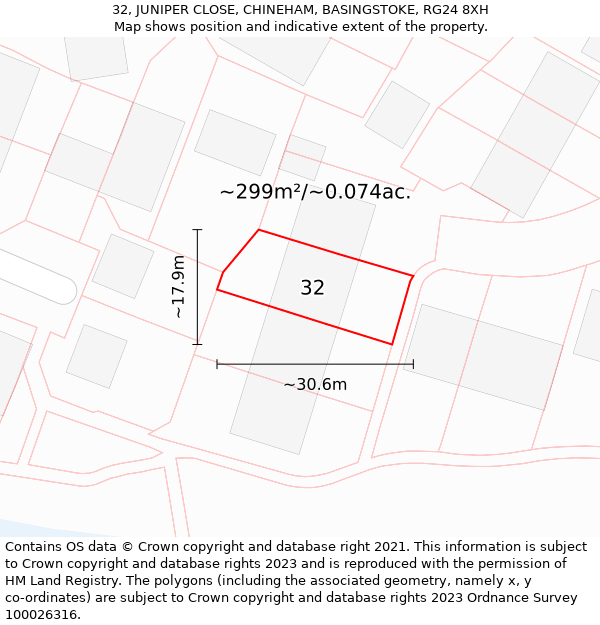 32, JUNIPER CLOSE, CHINEHAM, BASINGSTOKE, RG24 8XH: Plot and title map