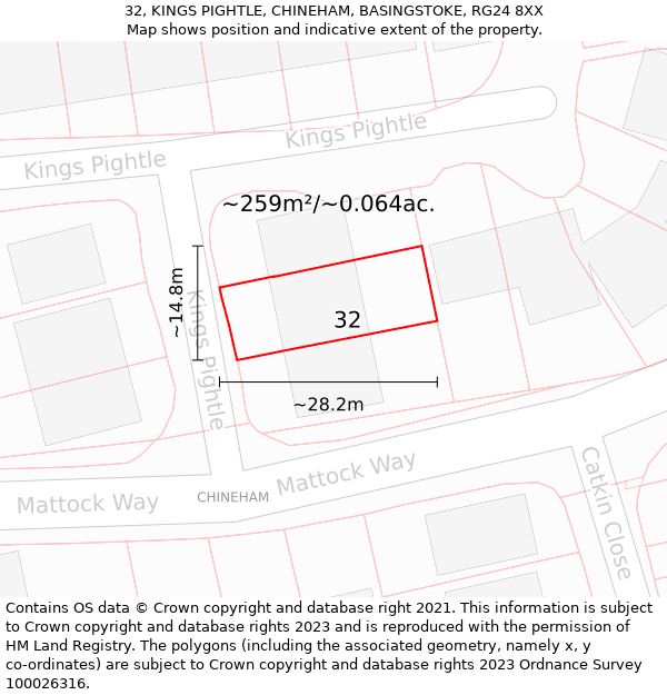 32, KINGS PIGHTLE, CHINEHAM, BASINGSTOKE, RG24 8XX: Plot and title map