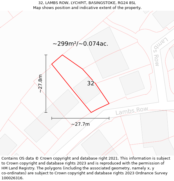 32, LAMBS ROW, LYCHPIT, BASINGSTOKE, RG24 8SL: Plot and title map