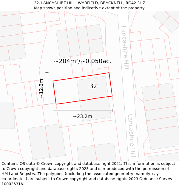 32, LANCASHIRE HILL, WARFIELD, BRACKNELL, RG42 3HZ: Plot and title map