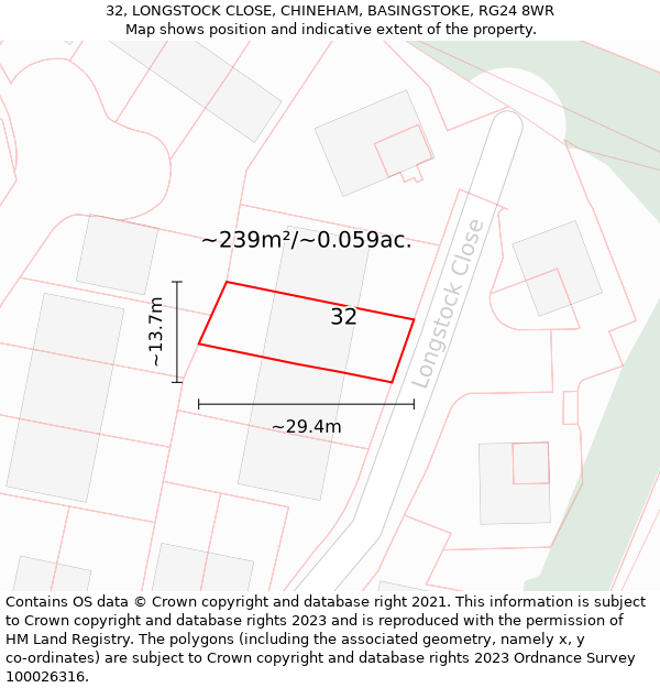 32, LONGSTOCK CLOSE, CHINEHAM, BASINGSTOKE, RG24 8WR: Plot and title map