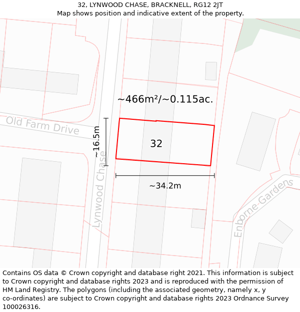 32, LYNWOOD CHASE, BRACKNELL, RG12 2JT: Plot and title map