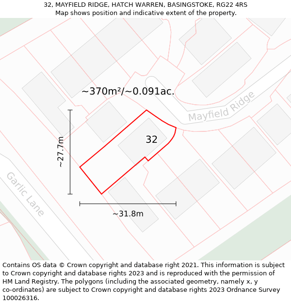 32, MAYFIELD RIDGE, HATCH WARREN, BASINGSTOKE, RG22 4RS: Plot and title map