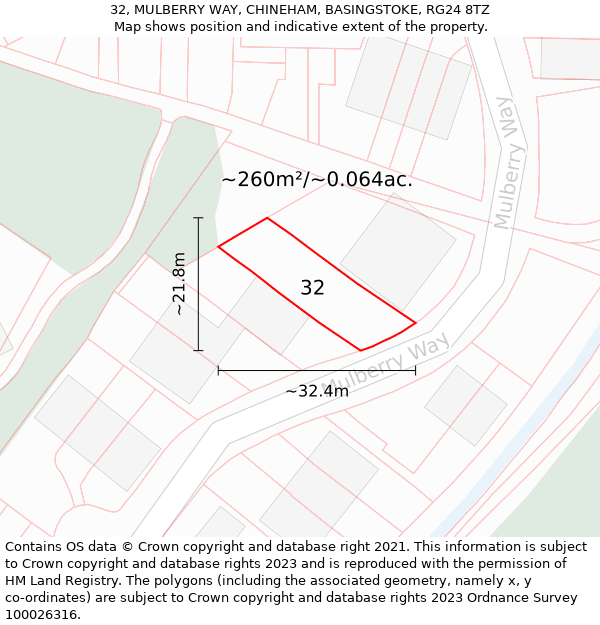 32, MULBERRY WAY, CHINEHAM, BASINGSTOKE, RG24 8TZ: Plot and title map