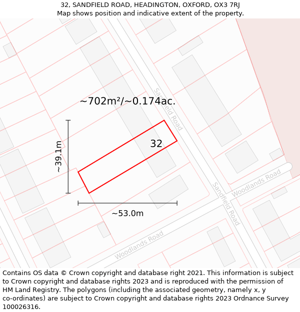 32, SANDFIELD ROAD, HEADINGTON, OXFORD, OX3 7RJ: Plot and title map