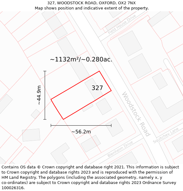 327, WOODSTOCK ROAD, OXFORD, OX2 7NX: Plot and title map