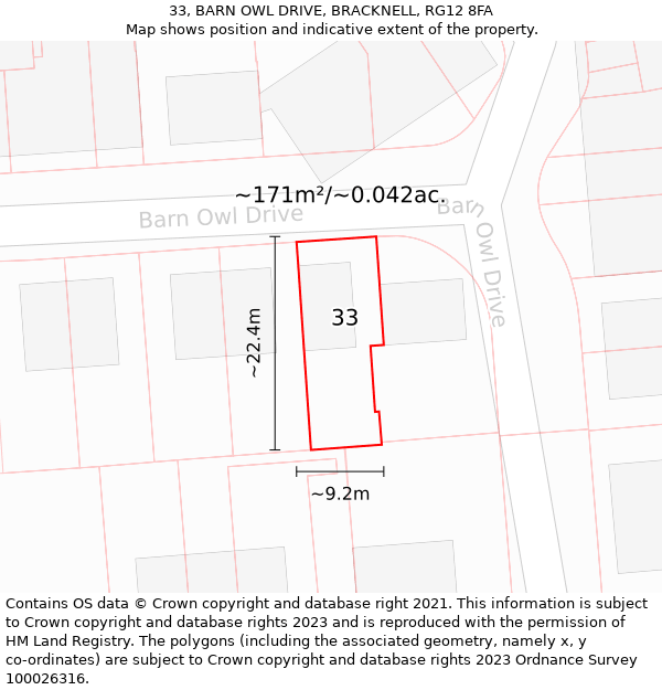 33, BARN OWL DRIVE, BRACKNELL, RG12 8FA: Plot and title map