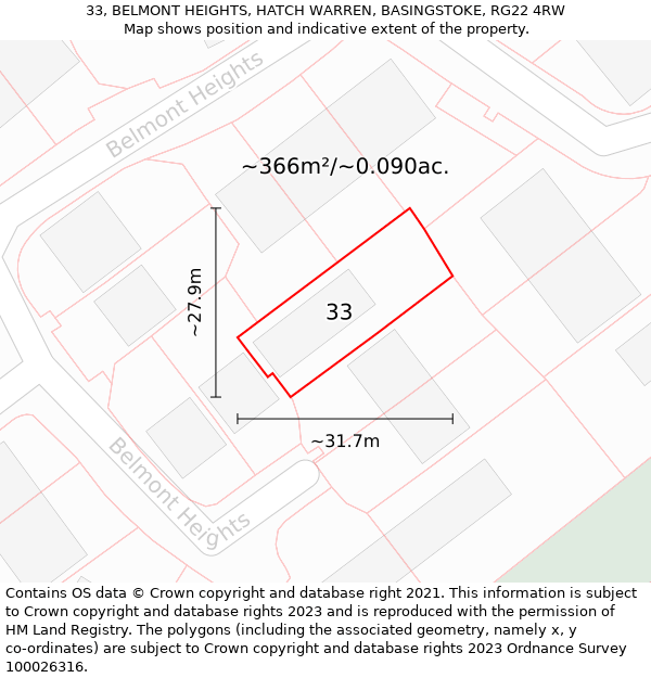 33, BELMONT HEIGHTS, HATCH WARREN, BASINGSTOKE, RG22 4RW: Plot and title map