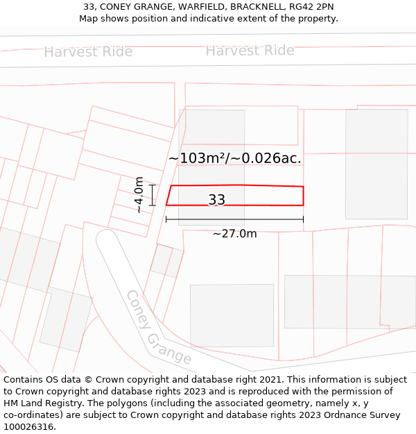 33, CONEY GRANGE, WARFIELD, BRACKNELL, RG42 2PN: Plot and title map