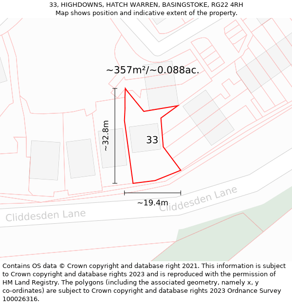 33, HIGHDOWNS, HATCH WARREN, BASINGSTOKE, RG22 4RH: Plot and title map