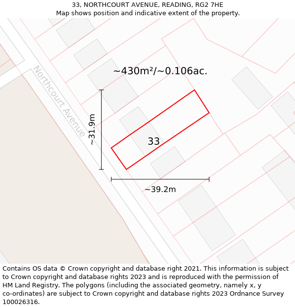 33, NORTHCOURT AVENUE, READING, RG2 7HE: Plot and title map