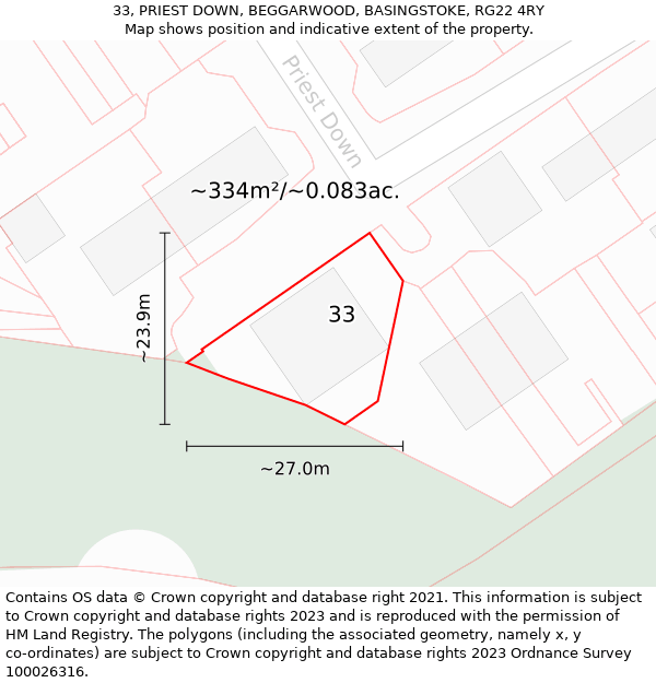 33, PRIEST DOWN, BEGGARWOOD, BASINGSTOKE, RG22 4RY: Plot and title map