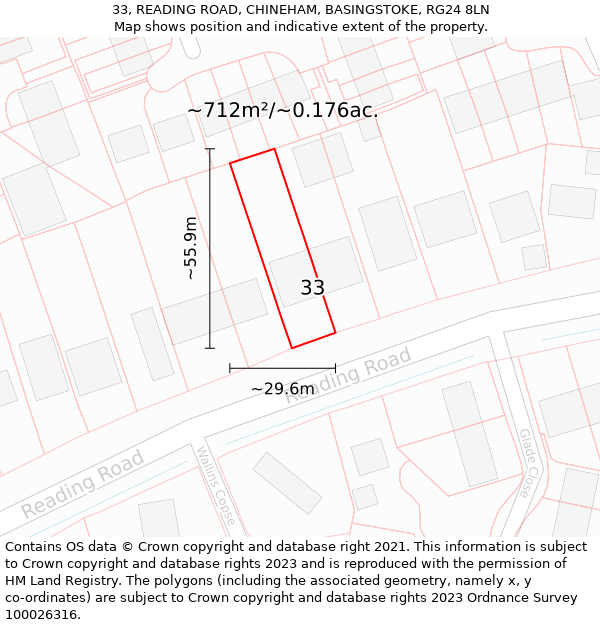 33, READING ROAD, CHINEHAM, BASINGSTOKE, RG24 8LN: Plot and title map