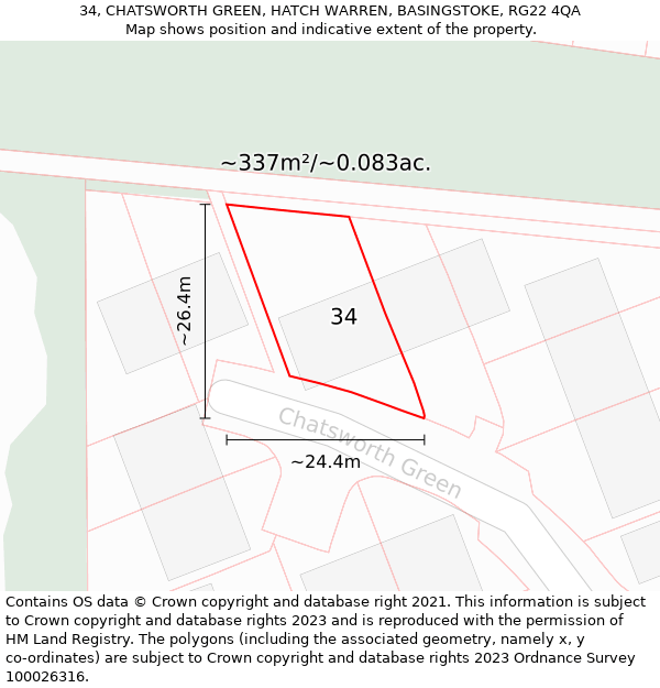 34, CHATSWORTH GREEN, HATCH WARREN, BASINGSTOKE, RG22 4QA: Plot and title map