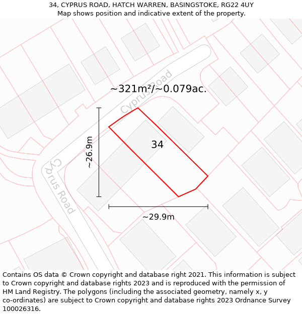 34, CYPRUS ROAD, HATCH WARREN, BASINGSTOKE, RG22 4UY: Plot and title map