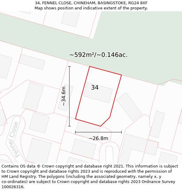 34, FENNEL CLOSE, CHINEHAM, BASINGSTOKE, RG24 8XF: Plot and title map