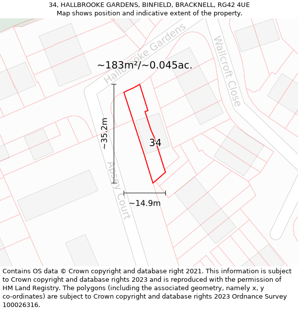 34, HALLBROOKE GARDENS, BINFIELD, BRACKNELL, RG42 4UE: Plot and title map
