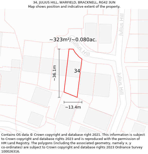 34, JULIUS HILL, WARFIELD, BRACKNELL, RG42 3UN: Plot and title map