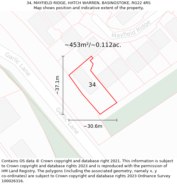 34, MAYFIELD RIDGE, HATCH WARREN, BASINGSTOKE, RG22 4RS: Plot and title map