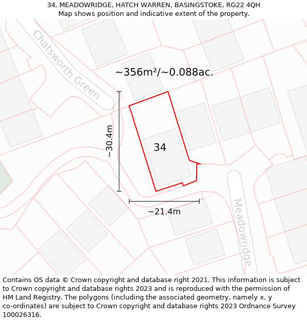 34, MEADOWRIDGE, HATCH WARREN, BASINGSTOKE, RG22 4QH: Plot and title map