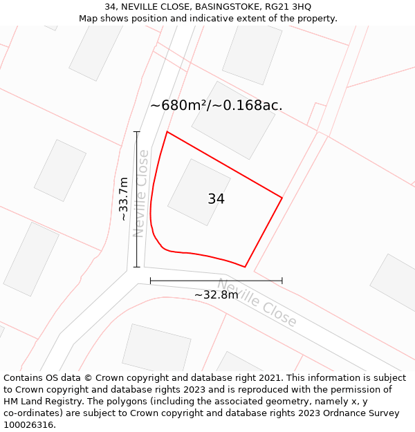 34, NEVILLE CLOSE, BASINGSTOKE, RG21 3HQ: Plot and title map