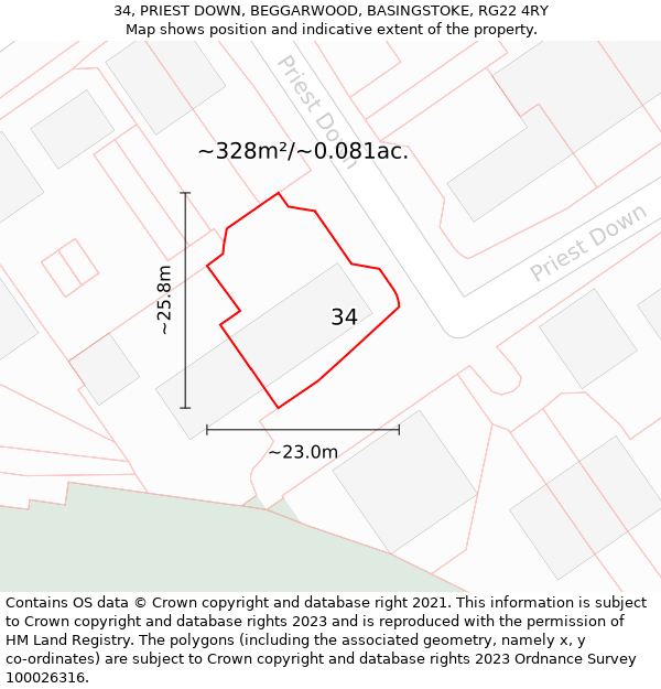 34, PRIEST DOWN, BEGGARWOOD, BASINGSTOKE, RG22 4RY: Plot and title map