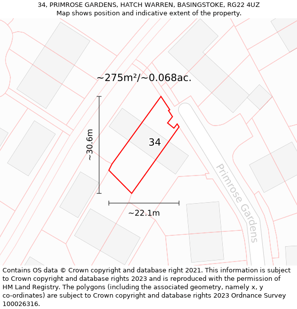 34, PRIMROSE GARDENS, HATCH WARREN, BASINGSTOKE, RG22 4UZ: Plot and title map