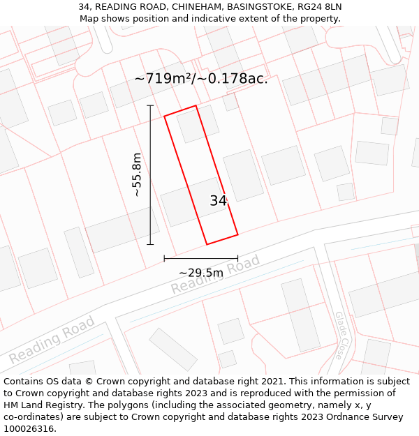 34, READING ROAD, CHINEHAM, BASINGSTOKE, RG24 8LN: Plot and title map