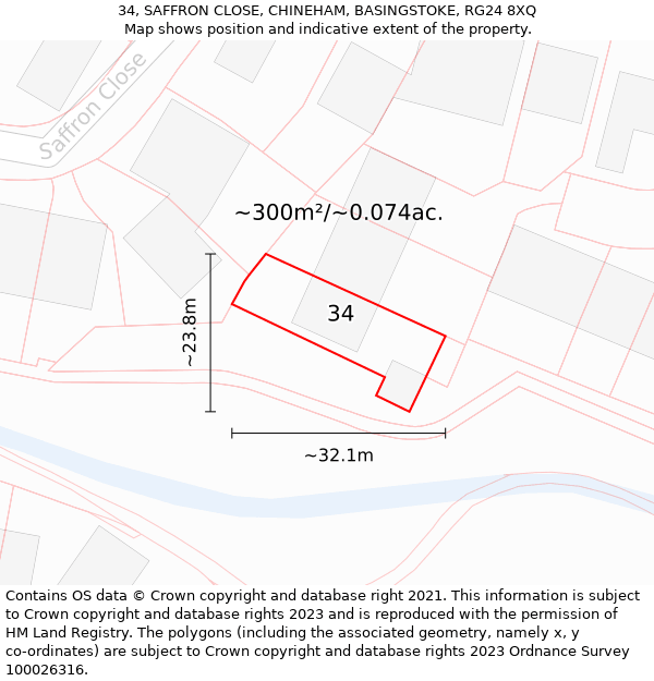 34, SAFFRON CLOSE, CHINEHAM, BASINGSTOKE, RG24 8XQ: Plot and title map