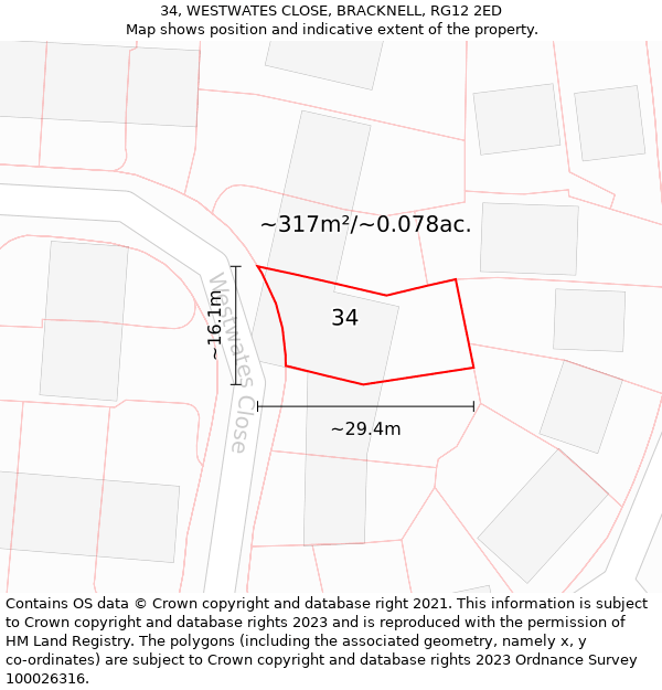 34, WESTWATES CLOSE, BRACKNELL, RG12 2ED: Plot and title map