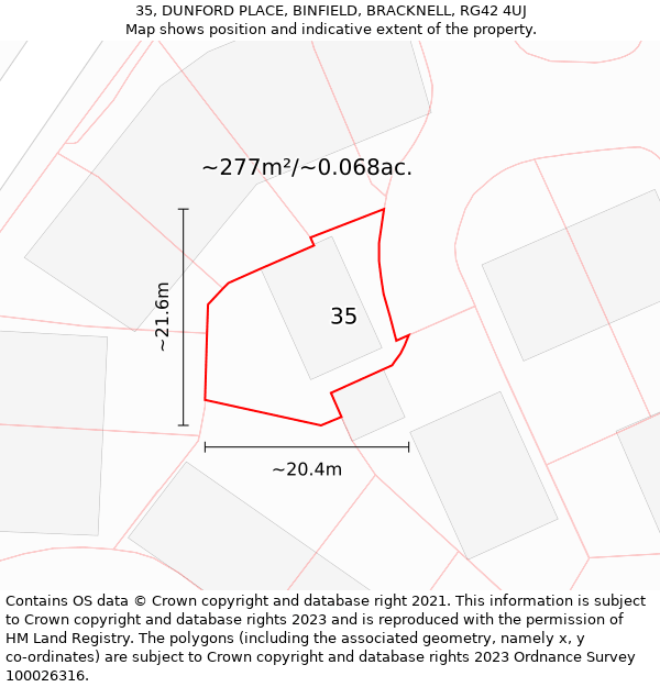 35, DUNFORD PLACE, BINFIELD, BRACKNELL, RG42 4UJ: Plot and title map