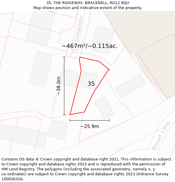 35, THE RIDGEWAY, BRACKNELL, RG12 9QU: Plot and title map