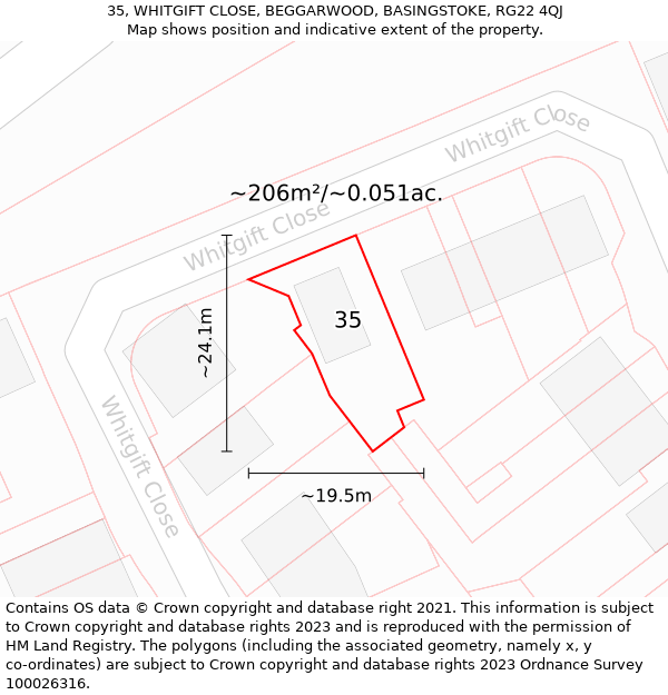 35, WHITGIFT CLOSE, BEGGARWOOD, BASINGSTOKE, RG22 4QJ: Plot and title map