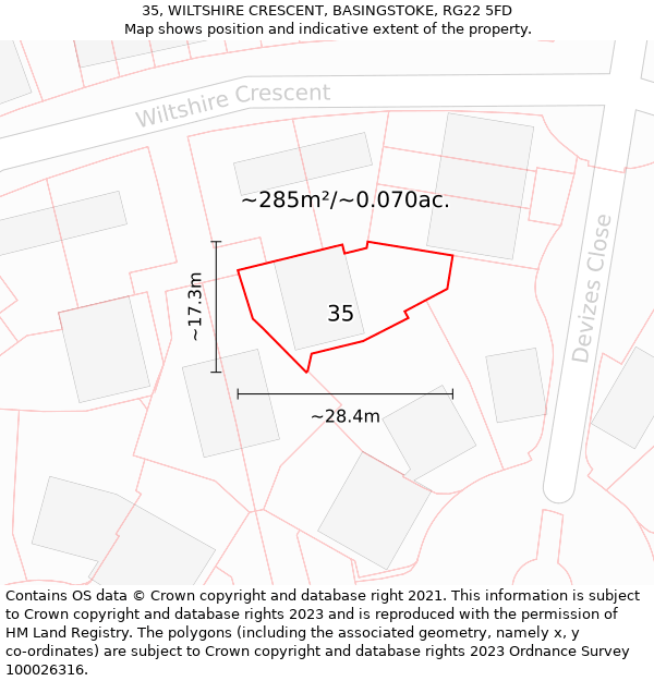 35, WILTSHIRE CRESCENT, BASINGSTOKE, RG22 5FD: Plot and title map