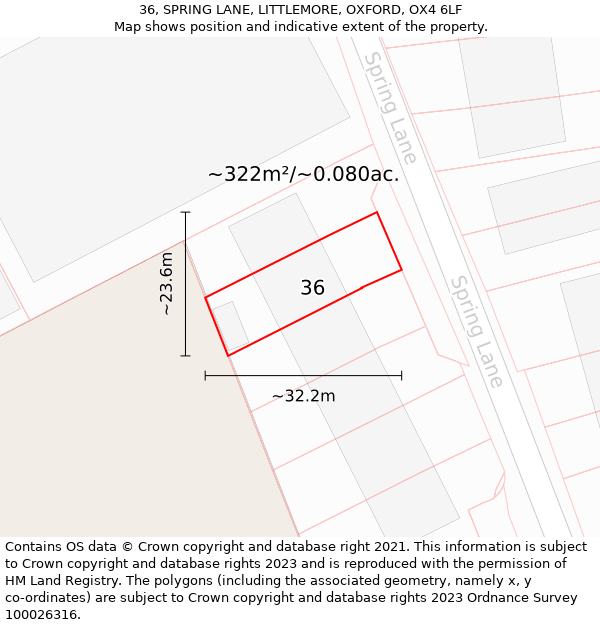 36, SPRING LANE, LITTLEMORE, OXFORD, OX4 6LF: Plot and title map