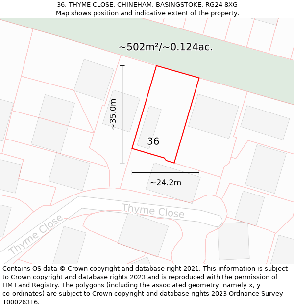 36, THYME CLOSE, CHINEHAM, BASINGSTOKE, RG24 8XG: Plot and title map