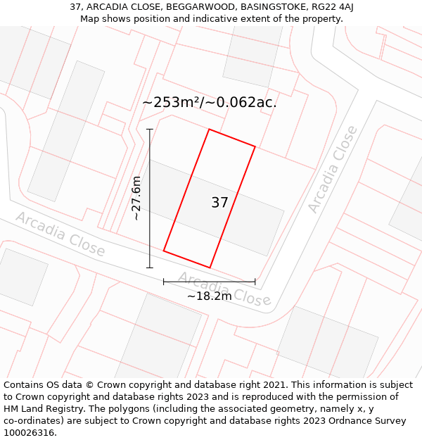 37, ARCADIA CLOSE, BEGGARWOOD, BASINGSTOKE, RG22 4AJ: Plot and title map