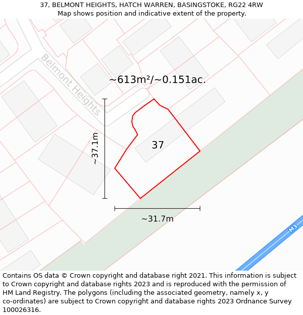 37, BELMONT HEIGHTS, HATCH WARREN, BASINGSTOKE, RG22 4RW: Plot and title map