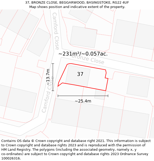 37, BRONZE CLOSE, BEGGARWOOD, BASINGSTOKE, RG22 4UF: Plot and title map