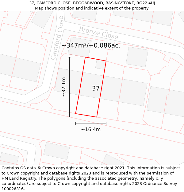 37, CAMFORD CLOSE, BEGGARWOOD, BASINGSTOKE, RG22 4UJ: Plot and title map