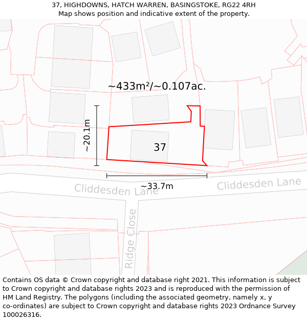 37, HIGHDOWNS, HATCH WARREN, BASINGSTOKE, RG22 4RH: Plot and title map