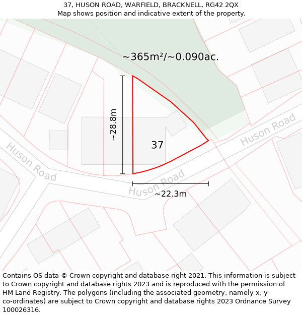 37, HUSON ROAD, WARFIELD, BRACKNELL, RG42 2QX: Plot and title map