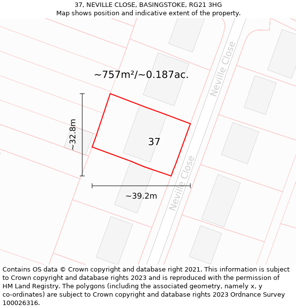 37, NEVILLE CLOSE, BASINGSTOKE, RG21 3HG: Plot and title map