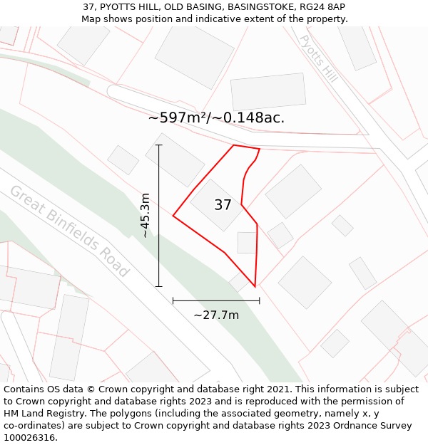 37, PYOTTS HILL, OLD BASING, BASINGSTOKE, RG24 8AP: Plot and title map