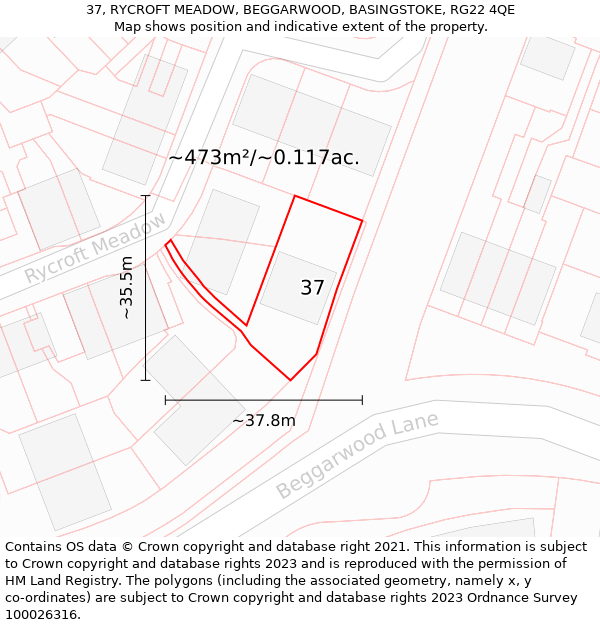 37, RYCROFT MEADOW, BEGGARWOOD, BASINGSTOKE, RG22 4QE: Plot and title map