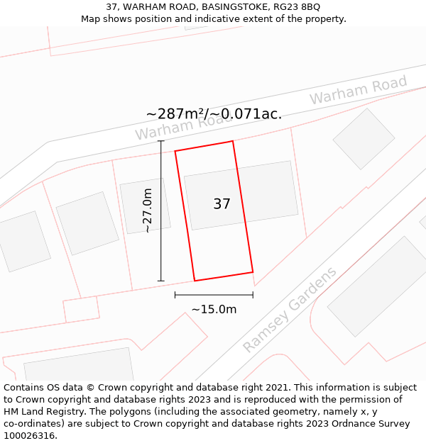 37, WARHAM ROAD, BASINGSTOKE, RG23 8BQ: Plot and title map