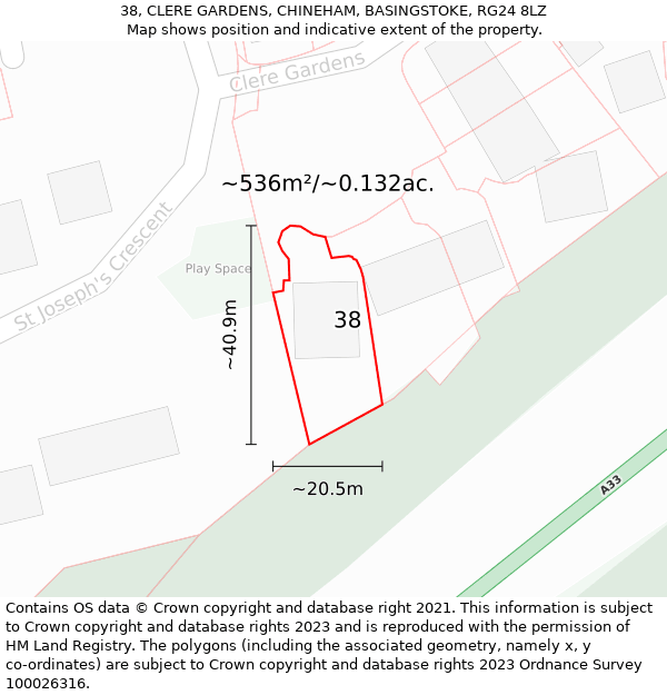 38, CLERE GARDENS, CHINEHAM, BASINGSTOKE, RG24 8LZ: Plot and title map