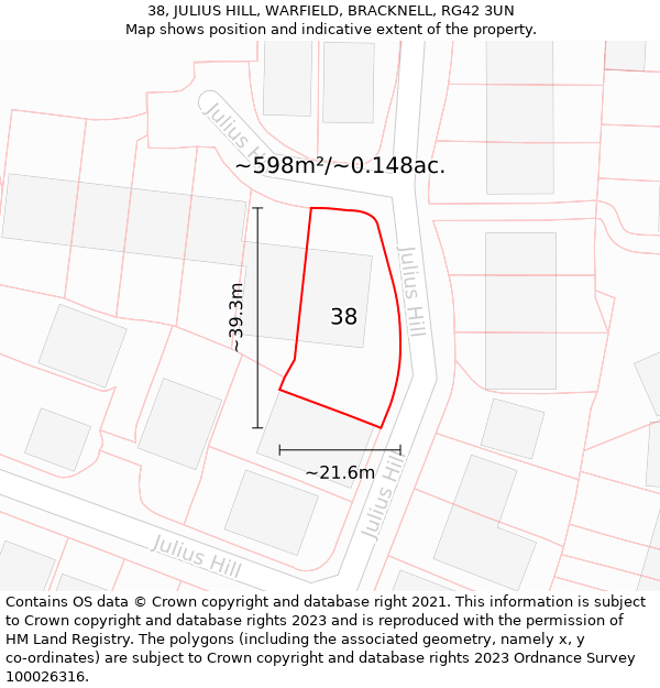 38, JULIUS HILL, WARFIELD, BRACKNELL, RG42 3UN: Plot and title map