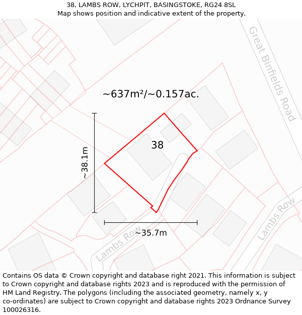 38, LAMBS ROW, LYCHPIT, BASINGSTOKE, RG24 8SL: Plot and title map